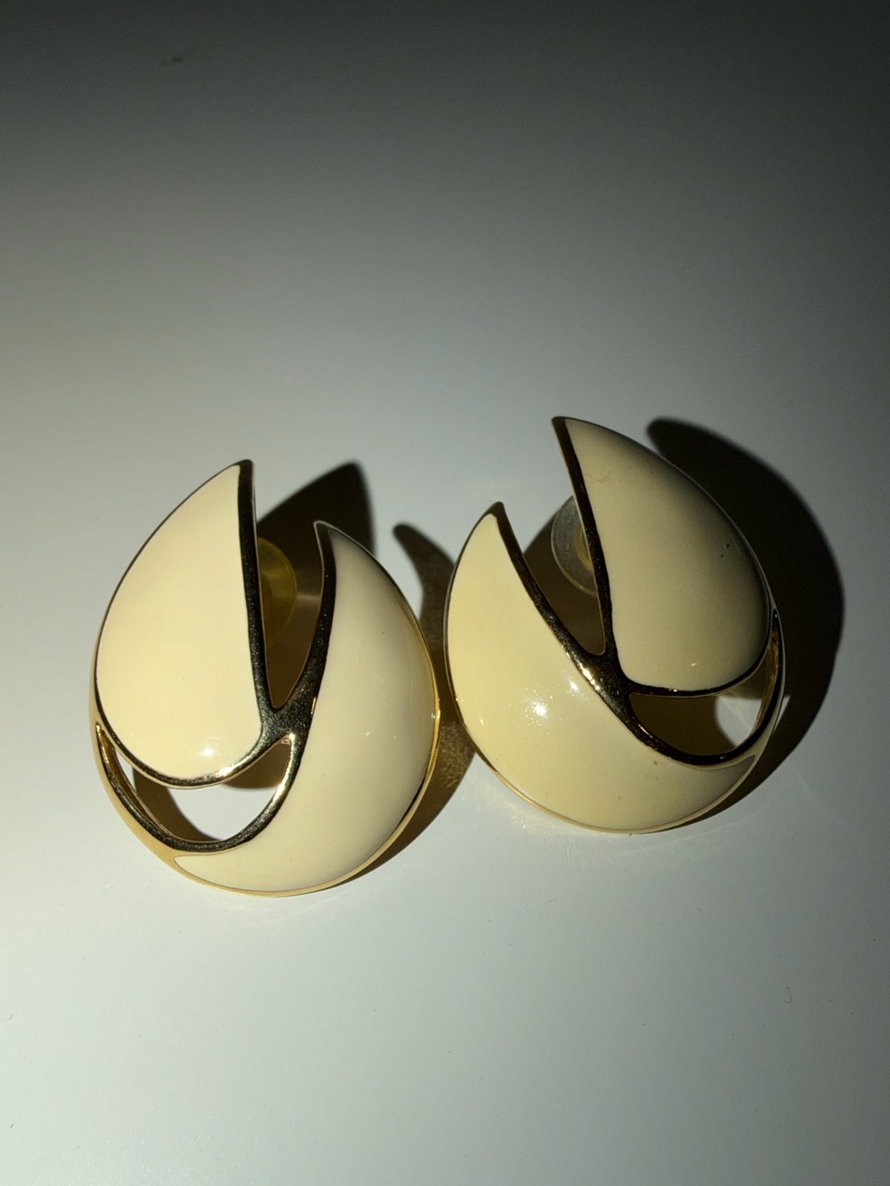 Vintage Trifari Cream & Gold-Tone Trim Chunky Pierced Earrings